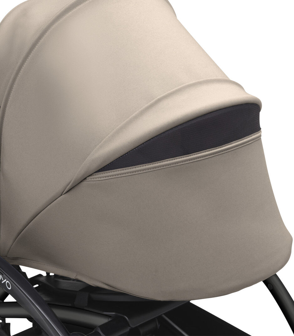 Stokke® YOYO3® 0+ Taupe. Black Frame. Canopy ventilation open. Close-up. Angled. galery image 6